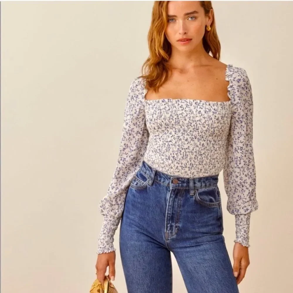 Reformation Pinto Top White Blue Blouse Long Sleeve Floral Size S